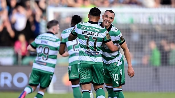 29 May 2026; Graham Burke of Shamrock Rovers celebrates with team-mate Jake Mulraney, left, after scoring his side's first goal during the SSE Airtricity Men's Premier Division match between Shamrock Rovers and St Patrick's Athletic at Tallaght Stadium in Dublin. Photo by Stephen McCarthy/Sportsfile