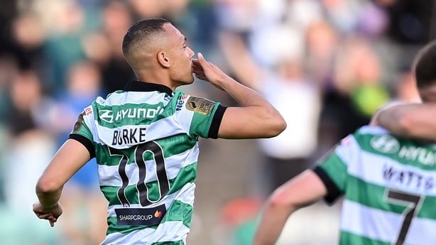 29 May 2026; Graham Burke of Shamrock Rovers, left, celebrates after scoring his side's first goal during the SSE Airtricity Men's Premier Division match between Shamrock Rovers and St Patrick's Athletic at Tallaght Stadium in Dublin. Photo by Stephen McCarthy/Sportsfile