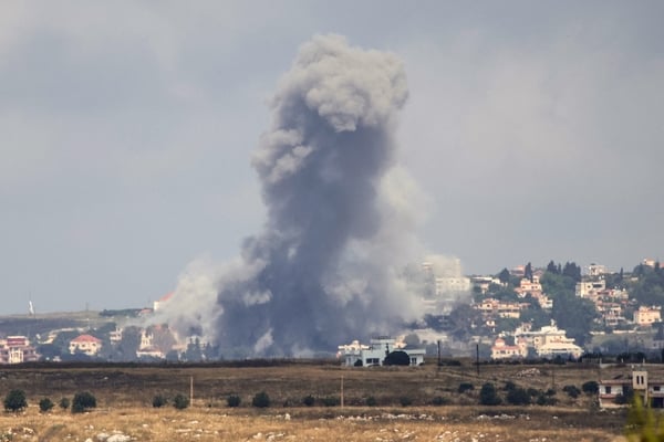 A photograph taken from the Marjayoun area in southern Lebanon shows smoke rising after an Israeli air strike on the village of Maifadoun on May 30, 2026. The Israeli military issued evacuation warnings on May 30 for residents of seven villages in souther