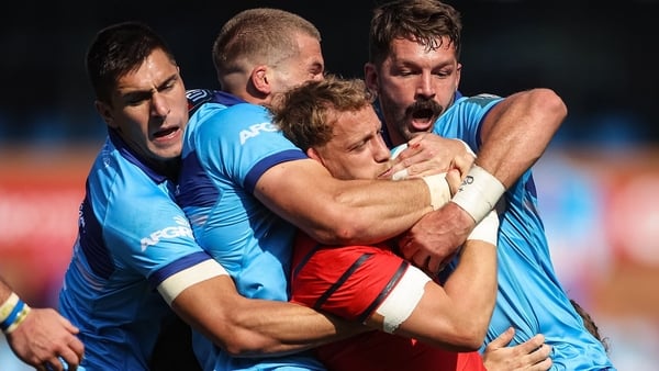 30 May 2026; Mike Haley of Munster is held up by Harold Vorster, Cameron Hanekom and Ruan Vermaak of Vodacom Bulls during the United Rugby Championship quarter-final match between Vodacom Bulls and Munster at Loftus Versfeld Stadium in Pretoria, South Afr