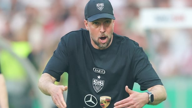 BERLIN, GERMANY - MAY 23: Sebastian Hoeneß Head Coach of VfB Stuttgart gestures during the DFB Cup Final 2026 match between FC Bayern München and VfB Stuttgart at Olympiastadion on May 23, 2026 in Berlin, Germany. (Photo by Jürgen Fromme - firo sportphoto/Getty Images)