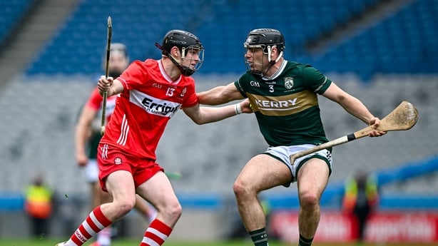 30 May 2026; Rian Collins of Derry in action against Sean McGrath of Kerry during the Christy Ring Cup final match between Kerry and Derry at Croke Park in Dublin. Photo by Seb Daly/Sportsfile