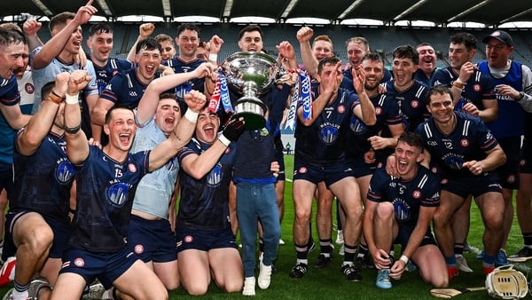 New York players celebrate with the Nickey Rackard Cup