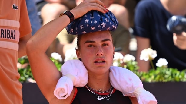 PARIS, FRANCE - MAY 30: Aryna Sabalenka is seen with an ice pack on her head while competing against Daria Kasatkina (not seen) of Australia during their women's singles third round match on day seven of the French Open (Roland Garros) tennis tournament in Paris, France, on May 30, 2026. (Photo by B
