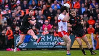 30 May 2026; Tiernan Kelly of Armagh scores his side's first goal during the GAA Football All-Ireland Senior Championship Round 1 match between Armagh and Derry at BOX-IT Athletic Grounds in Armagh. Photo by Ramsey Cardy/Sportsfile