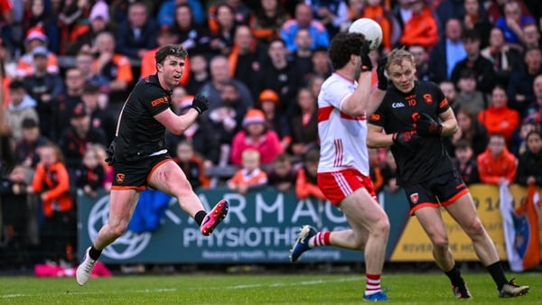30 May 2026; Tiernan Kelly of Armagh scores his side's first goal during the GAA Football All-Ireland Senior Championship Round 1 match between Armagh and Derry at BOX-IT Athletic Grounds in Armagh. Photo by Ramsey Cardy/Sportsfile