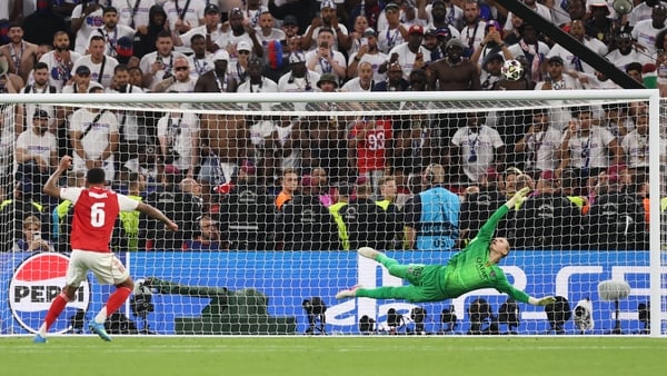 Gabriel of Arsenal misses the team's fifth penalty in the penalty shoot out during the UEFA Champions League Final 2026 match between Paris Saint-Germain and Arsenal FC at Puskas Arena on May 30, 2026 in Budapest, Hungary. (Photo by Carl Recine/Getty Imag