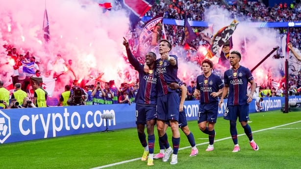 Ousmane Dembele of Paris Saint-Germain FC celebrates with team mates after scoring during the UEFA Champions League Final match between Paris Saint-Germain FC and Arsenal FC at Puskas Arena on May 30, 2026 in Budapest, Hungary (Photo by Giuseppe Maffia/NurPhoto via Getty Images)
