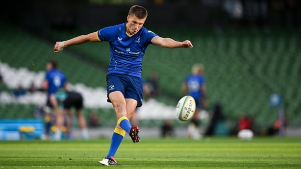 30 May 2026; Sam Prendergast of Leinster kicks a conversion during the United Rugby Championship quarter-final match between Leinster and Lions at the Aviva Stadium in Dublin. Photo by David Fitzgerald/Sportsfile