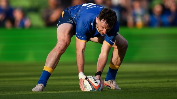 30 May 2026; Hugo Keenan of Leinster scores his side's second try during the United Rugby Championship quarter-final match between Leinster and Lions at the Aviva Stadium in Dublin. Photo by Brendan Moran/Sportsfile