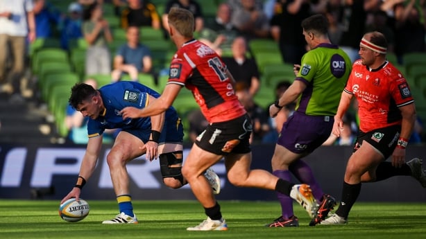 30 May 2026; Dan Sheehan of Leinster scores his sides first try during the United Rugby Championship quarter-final match between Leinster and Lions at the Aviva Stadium in Dublin. Photo by Brendan Moran/Sportsfile