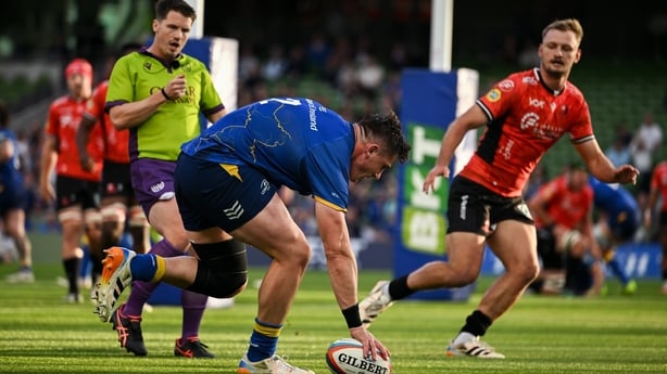 30 May 2026; Dan Sheehan of Leinster scores his sides first try during the United Rugby Championship quarter-final match between Leinster and Lions at the Aviva Stadium in Dublin. Photo by David Fitzgerald/Sportsfile