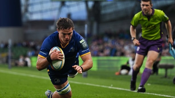 30 May 2026; Scott Penny of Leinster dives over to score his side's fourth try during the United Rugby Championship quarter-final match between Leinster and Lions at the Aviva Stadium in Dublin. Photo by David Fitzgerald/Sportsfile