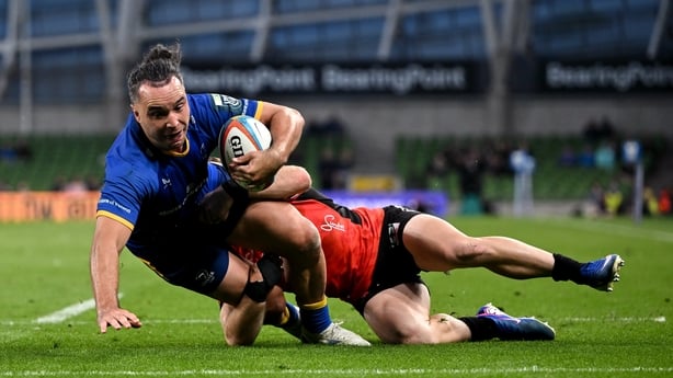 30 May 2026; James Lowe of Leinster dives over to score his side's eighth try and to become the new Leinster record try scorer during the United Rugby Championship quarter-final match between Leinster and Lions at the Aviva Stadium in Dublin. Photo by David Fitzgerald/Sportsfile