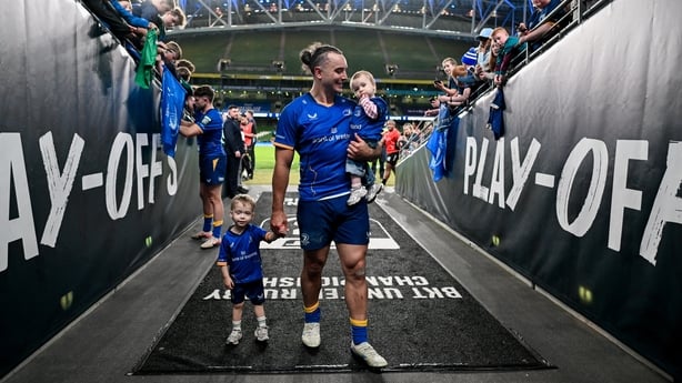 30 May 2026; James Lowe of Leinster leaves the pitch with his children Nico and Renn after the United Rugby Championship quarter-final match between Leinster and Lions at the Aviva Stadium in Dublin. Photo by Brendan Moran/Sportsfile