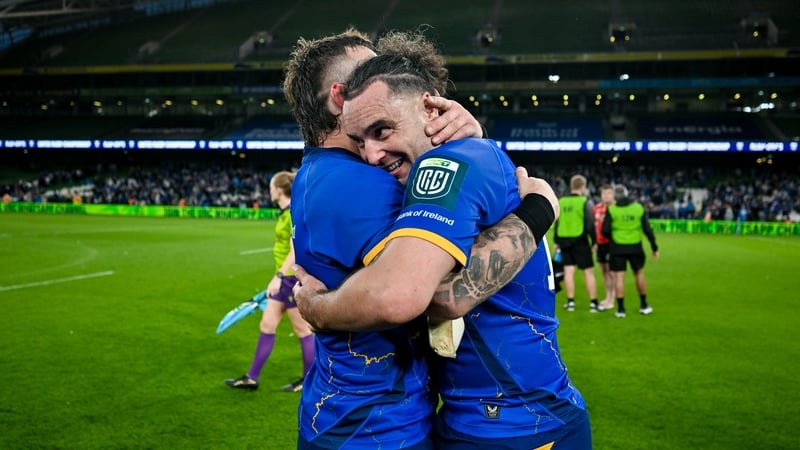 30 May 2026; James Lowe, right, and Andrew Porter of Leinster after during the United Rugby Championship quarter-final match between Leinster and Lions at the Aviva Stadium in Dublin. Photo by Brendan Moran/Sportsfile