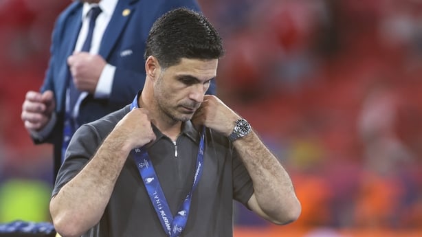 A dejected Mikel Arteta after the 2026 Champions League final