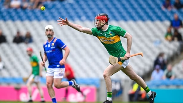 31 May 2026; Pearse Kenny of Leitrim passes the ball during the Lory Meagher Cup final match between Longford and Leitrim at Croke Park in Dublin. Photo by Paul Phelan/Sportsfile