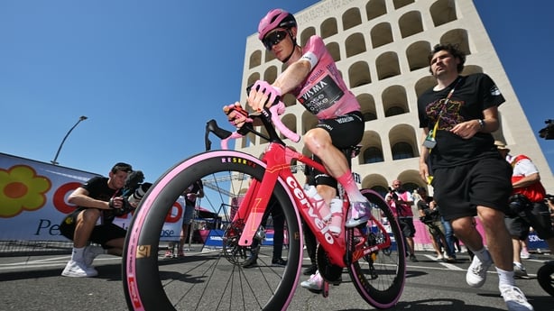 ROME, ITALY - MAY 31: Jonas Vingegaard of Denmark and Team Visma | Lease a Bike - Pink Leader Jersey prior to the 109th Giro d'Italia 2026, Stage 21 a 131km stage from Rome to Rome 1289m / #UCIWT / on May 31, 2026 in Rome, Italy. (Photo by Dario Belingheri/Getty Images)