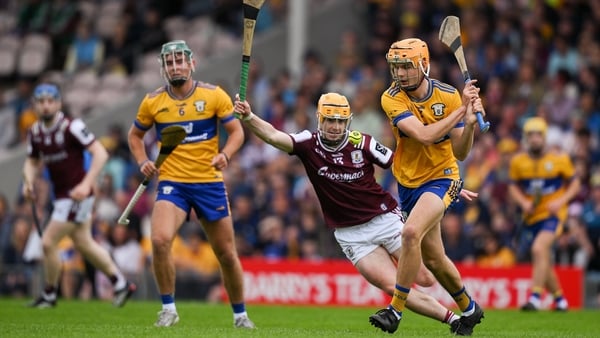 Robert Loftus of Clare in action against Vince Morgan of Galway during the Fulfil GAA Hurling All-Ireland U20 Championship final match between Clare and Galway at FBD Semple Stadium in Thurles, Tipperary. Photo by Brendan Moran/Sportsfile