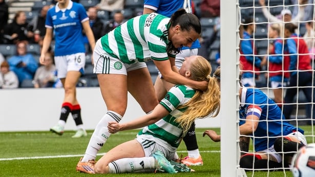 GLASGOW, SCOTLAND - MAY 31: Celtic's Morgan Cross (R) celebrates with Amy Gallagher (L) after scoring to make it 1-0 during the Women's Scottish Cup Final between Rangers and Celtic at Barclays Hampden, on May 31, 2026, in Glasgow, Scotland. (Photo by Alan Harvey/SNS Group via Getty Images)