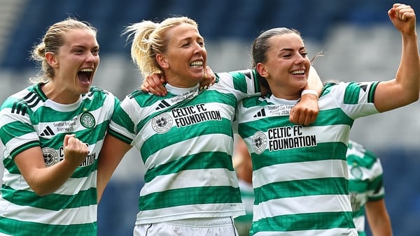 GLASGOW, SCOTLAND - MAY 31: Saoirse Noonan, Chloe Craig and Amy Gallacher of Celtic celebrate victory following the Scottish Gas Women's Scottish Cup Final match between Celtic and Rangers at Hampden Park on May 31, 2026 in Glasgow, Scotland. (Photo by WM