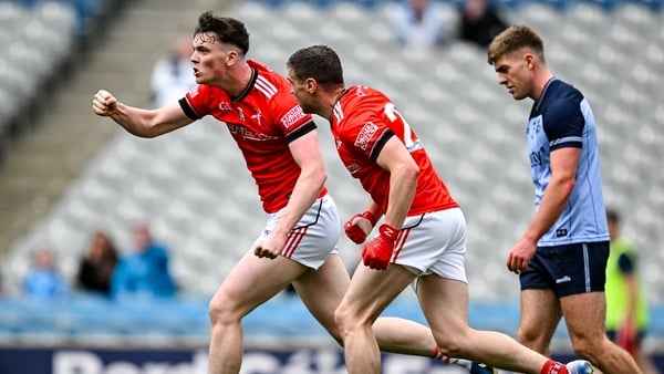James Maguire of Louth celebrates after scoring his side's third goal v Dublin in 2026 All-Ireland Championship