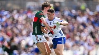 31 May 2026; Dylan Byrne of Monaghan and Kobe McDonald of Mayo tussle before the start of the GAA Football All-Ireland Senior Championship Round 1 match between Monaghan and Mayo at St Tiernach's Park in Clones, Monaghan. Photo by Piaras Ó Mídheach/Sports