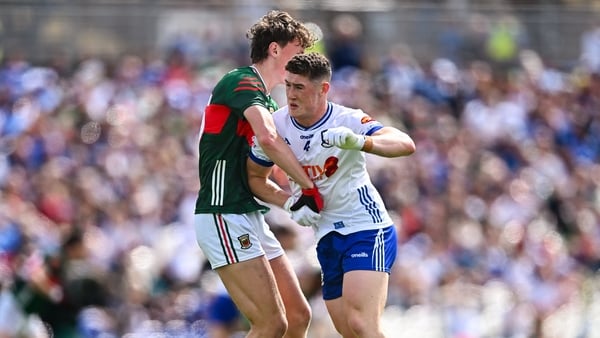 31 May 2026; Dylan Byrne of Monaghan and Kobe McDonald of Mayo tussle before the start of the GAA Football All-Ireland Senior Championship Round 1 match between Monaghan and Mayo at St Tiernach's Park in Clones, Monaghan. Photo by Piaras Ó Mídheach/Sports