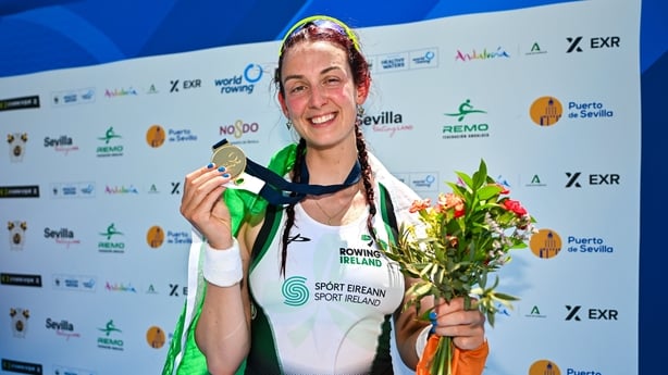 31 May 2026: Fiona Murtagh of Ireland celebrates after winning the silver medal in the Women's Single Sculls A Final during the 2026 World Rowing Cup at the La Cartuja High-Performance Center in Seville, Spain. Photo by Benedict Tufnell/Sportsfile.