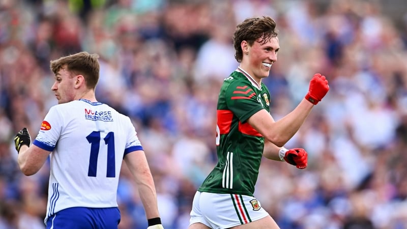 31 May 2026; Kobe McDonald of Mayo celebrates scoring his side's first goal during the GAA Football All-Ireland Senior Championship Round 1 match between Monaghan and Mayo at St Tiernach's Park in Clones, Monaghan. Photo by Piaras Ó Mídheach/Sportsfile