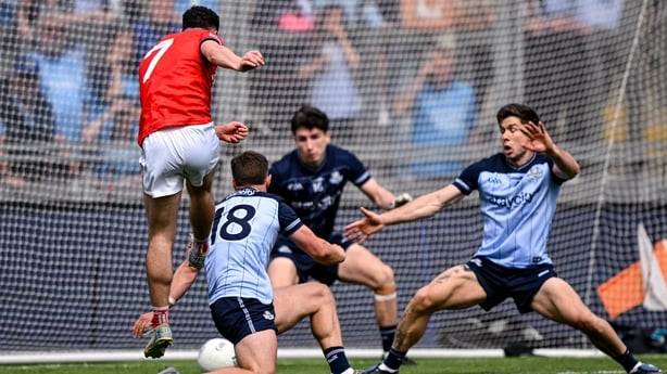 31 May 2026; Craig Lennon of Louth shoots to score his side's fourth and winning goal during the GAA Football All-Ireland Senior Championship Round 1 match between Dublin and Louth at Croke Park in Dublin. Photo by David Fitzgerald/Sportsfile