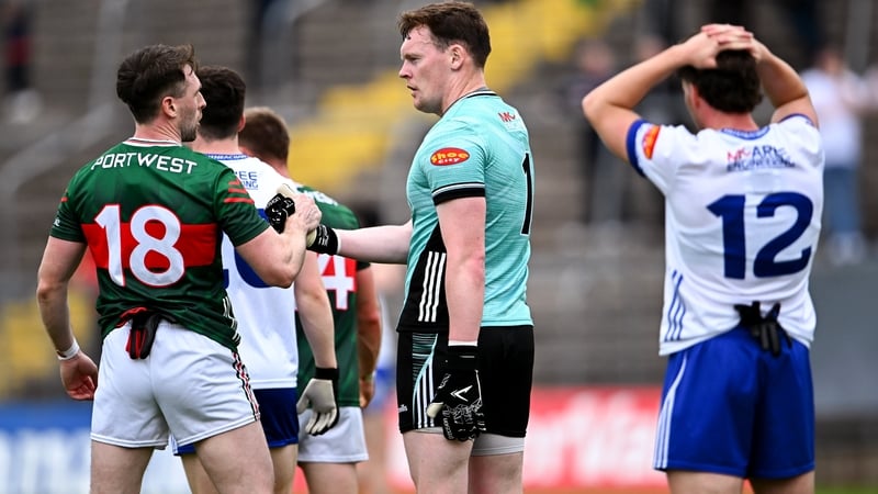 Monaghan goalkeeper Rory Beggan shakes hands with Mayo's Paddy Durcan after the game in Clones