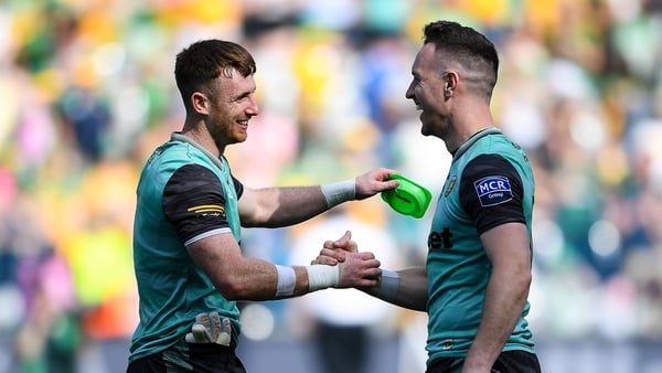 13 July 2025; Donegal players, from left, Shaun Patton and Gavin Mulreany celebrate after the GAA Football All-Ireland Senior Championship semi-final match between Meath and Donegal at Croke Park in Dublin. Photo by John Sheridan/Sportsfile
