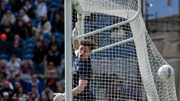 17 May 2026; Dublin goalkeeper Evan Comerford can only look on as the ball hits the net, in the first period of extra-time, during the Leinster GAA Football Senior Championship final match between Dublin and Westmeath at Croke Park in Dublin. Photo by Ray McManus/Sportsfile