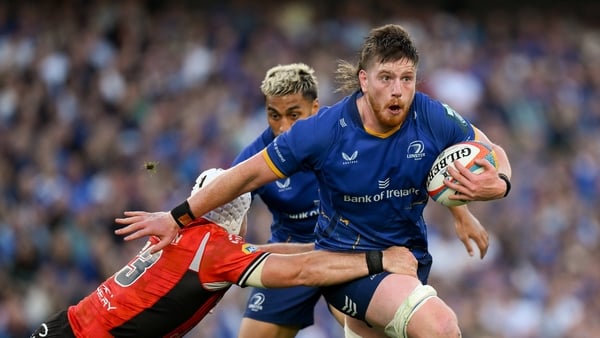 30 May 2026; Joe McCarthy of Leinster is tackled by Henco van Wyk of Lions during the United Rugby Championship quarter-final match between Leinster and Lions at the Aviva Stadium in Dublin. Photo by Brendan Moran/Sportsfile