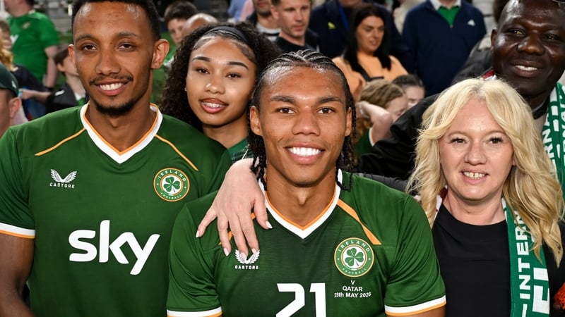 Corrie Ndaba of Republic of Ireland with family after the international friendly match between Republic of Ireland and Qatar at the Aviva Stadium in Dublin.