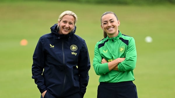 Head coach Carla Ward and Katie McCabe during a Republic of Ireland women's training session at Fota Island Resort in Cork.