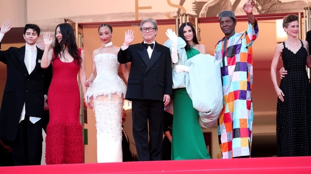 CANNES, FRANCE - MAY 23: (L-R) Jury Member Diego Céspedes, Jury Member Chloé Zhao, Jury Member Ruth Negga, Jury President Park Chan-wook, Jury Member Demi Moore and Jury Member Isaach de Bankolé attend the closing ceremony of the 79th annual Cannes Film Festival at Palais des Festivals on May 23, 20