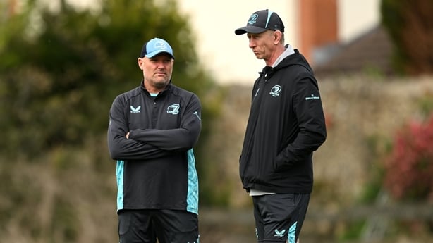 7 April 2026; Head coach Leo Cullen, right, and Senior coach Jacques Nienaber during Leinster Rugby squad training at UCD in Dublin. Photo by Ramsey Cardy/Sportsfile