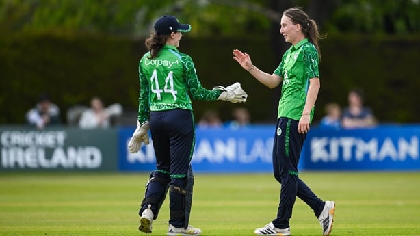 Christina Coulter Reilly, left, and Orla Prendergast celebrate the wicket of Zaida James