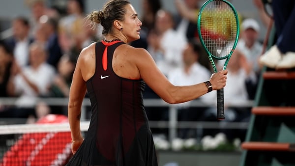 PARIS, FRANCE - JUNE 01: Aryna Sabalenka celebrates a break against Naomi Osaka of Japan in the second set during their Women's Fourth Round match on Day Nine of the 2026 French Open at Roland Garros on June 01, 2026 in Paris, France. (Photo by Matthew St