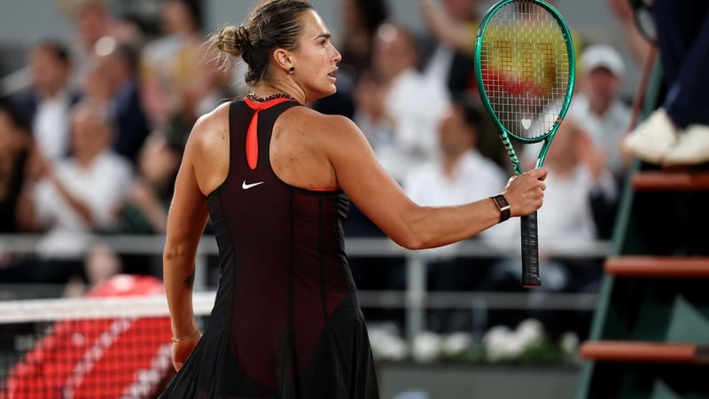 PARIS, FRANCE - JUNE 01: Aryna Sabalenka celebrates a break against Naomi Osaka of Japan in the second set during their Women's Fourth Round match on Day Nine of the 2026 French Open at Roland Garros on June 01, 2026 in Paris, France. (Photo by Matthew St