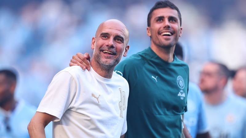 MANCHESTER, ENGLAND - MAY 24: Pep Guardiola Manager / Head Coach of Manchester City and Rodri of Manchester City during the Premier League match between Manchester City and Aston Villa at Etihad Stadium on May 24, 2026 in Manchester, United Kingdom. (Phot
