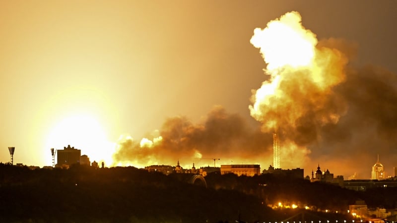 This photograph shows an explosion during drone and missile attacks in Kyiv on June 2, 2026, amid the Russian invasion in Ukraine. Russian missile and drone barrages rocked parts of Ukraine overnight, killing four and wounding dozens, officials said on Ju