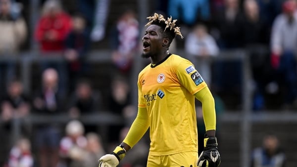 22 May 2026; St Patrick's Athletic goalkeeper Joseph Anang during the SSE Airtricity Men’s Premier Division match between Derry City and St Patrick's Athletic at Find Insurance Celtic Park in Derry. Photo by Ramsey Cardy/Sportsfile