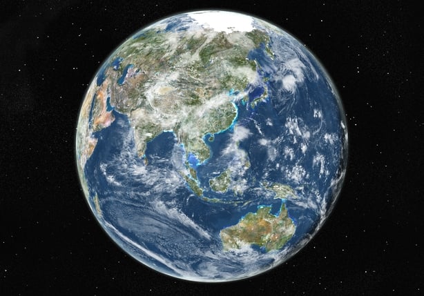 True colour satellite image of the Earth centred on Asia and Oceania with cloud coverage, during summer solstice at 6 a.m GMT. This image in orthographic projection was compiled from data acquired by LANDSAT 5 & 7 satellites., Globe Centred On Asia And Oceania, True Colour Satellite Image (Photo by 
