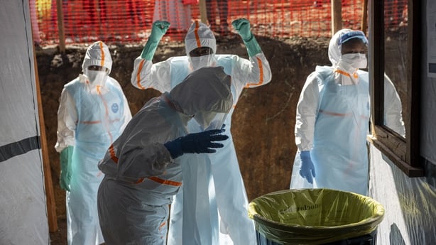 BUNIA, DEMOCRATIC REPUBLIC OF CONGO - MAY 31: Health workers wearing protective equipment stand inside the isolation area of a newly established Ebola treatment center at the Evangelical Medical Center in the Rwampara Health Zone on May 31, 2026 in Bunia, Democratic Republic of Congo. The World Heal