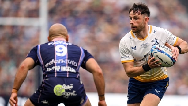 23 May 2026; Hugo Keenan of Leinster in action against Maxime Lucu of Union Bordeaux Bègles during the Investec Champions Cup final match between Leinster and Union Bordeaux Bégles at San Mamés Stadium in Bilbao, Spain. Photo by Brendan Moran/Sportsfile