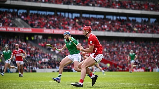 26 April 2026; Brian Hayes of Cork in action against Mike Casey of Limerick during the Munster GAA Senior Hurling Championship Round 2 match between Cork and Limerick at SuperValu Páirc Uí Chaoimh in Cork. Photo by Seb Daly/Sportsfile